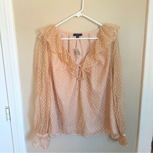 NWT J. Crew Ruffleneck Clip-dot Top Bow Detail Cream Sheer Long Sleeve size XL